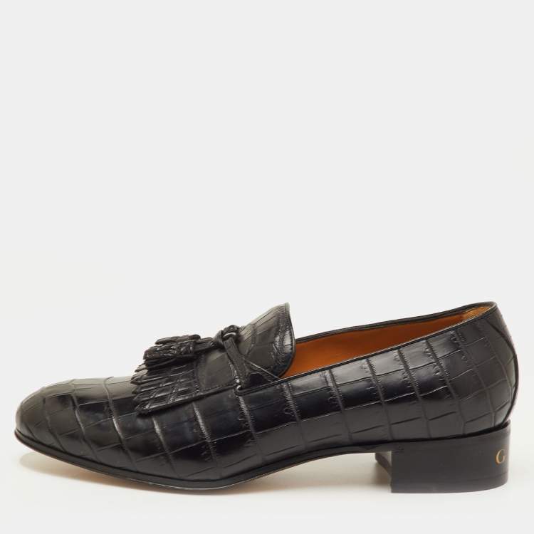 مملوكة مسبقًا Gucci Size 41.5 Black Crocodile Leather Fringe Tassel Slip On Loafers