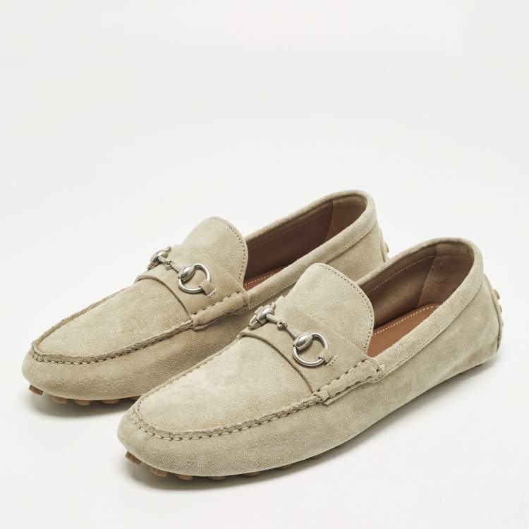 Pre Owned Gucci Horsebit Size 45 Beige Suede Driver Loafers