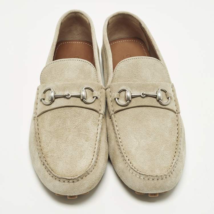 Pre Owned Gucci Horsebit Size 45 Beige Suede Driver Loafers