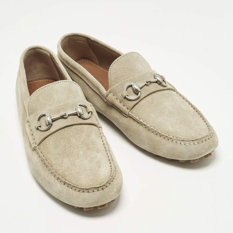 Pre Owned Gucci Horsebit Size 45 Beige Suede Driver Loafers