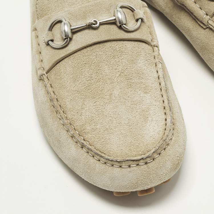 Pre Owned Gucci Horsebit Size 45 Beige Suede Driver Loafers