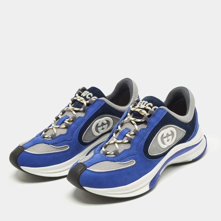Pre Owned Gucci Run Size 41.5 Blue/Grey Nubuck Leather and Mesh Low Top Sneakers