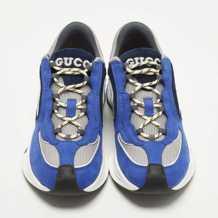 Pre Owned Gucci Run Size 41.5 Blue/Grey Nubuck Leather and Mesh Low Top Sneakers