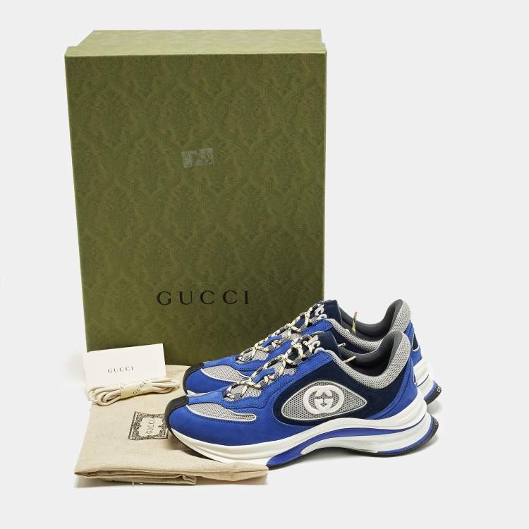 Pre Owned Gucci Run Size 41.5 Blue/Grey Nubuck Leather and Mesh Low Top Sneakers