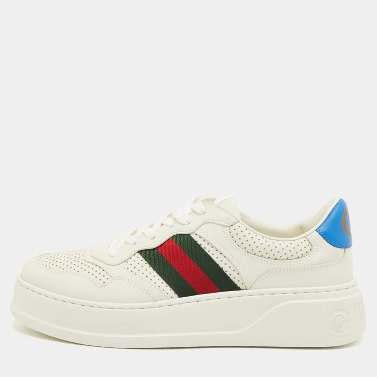 Pre Owned Gucci GG Web Size 41.5 White Leather Low Top Sneakers