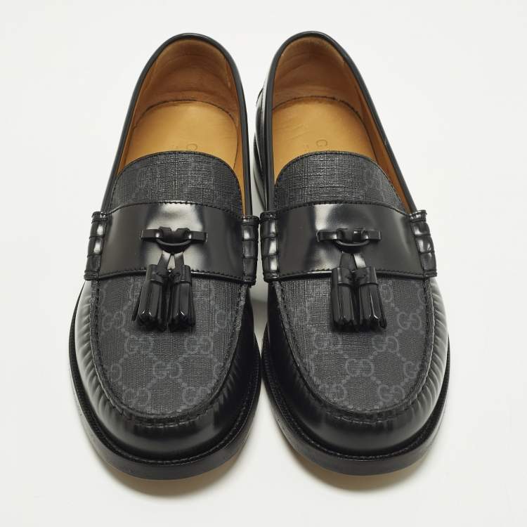 Pre Owned Gucci Millennial Ribot Size 43 Black GG Supreme Canvas and Leather Tassel Loafers