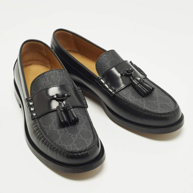 Pre Owned Gucci Millennial Ribot Size 43 Black GG Supreme Canvas and Leather Tassel Loafers