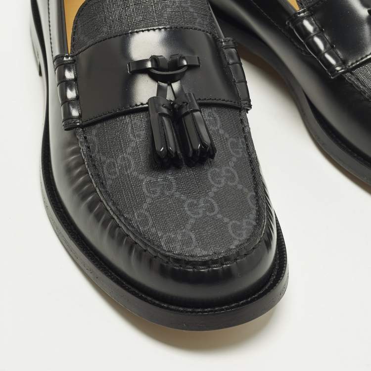 Pre Owned Gucci Millennial Ribot Size 43 Black GG Supreme Canvas and Leather Tassel Loafers