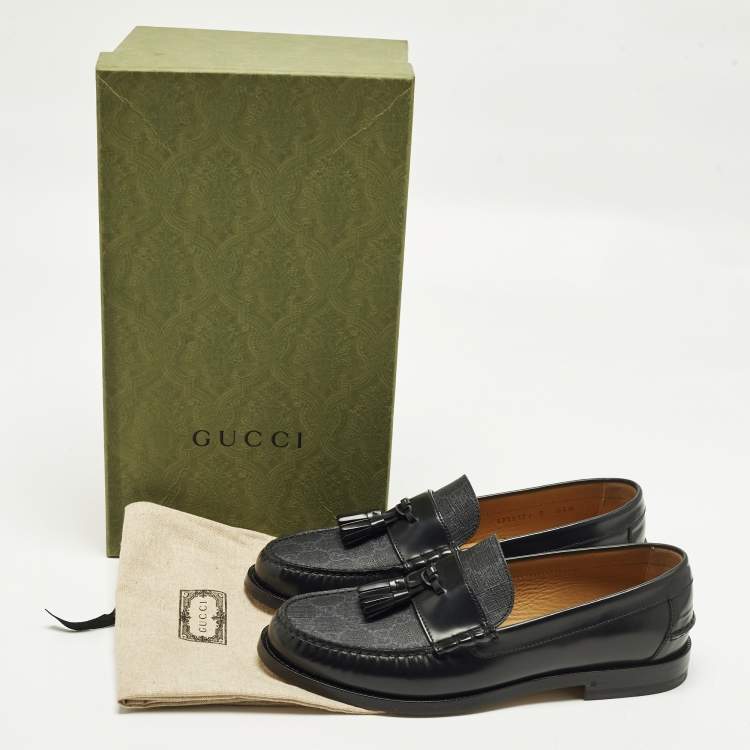 Pre Owned Gucci Millennial Ribot Size 43 Black GG Supreme Canvas and Leather Tassel Loafers