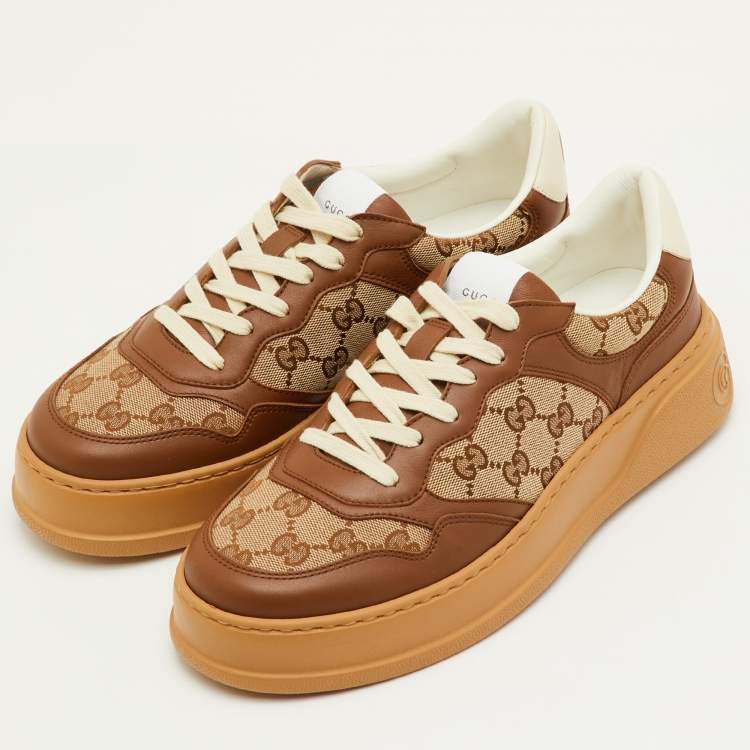 Pre Owned Gucci Screener Size 41.5 Beige/Brown GG Canvas and Leather Low Top Sneakers