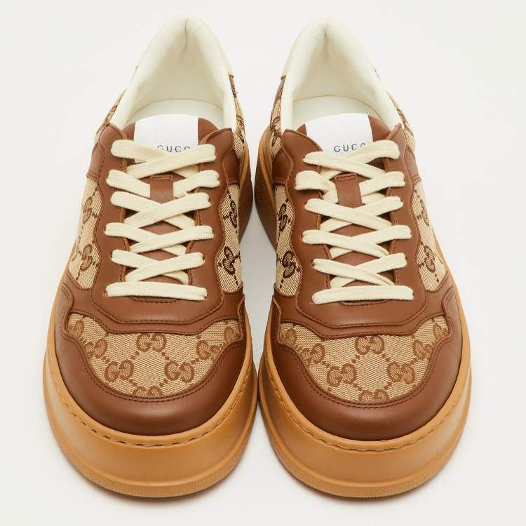 Pre Owned Gucci Screener Size 41.5 Beige/Brown GG Canvas and Leather Low Top Sneakers