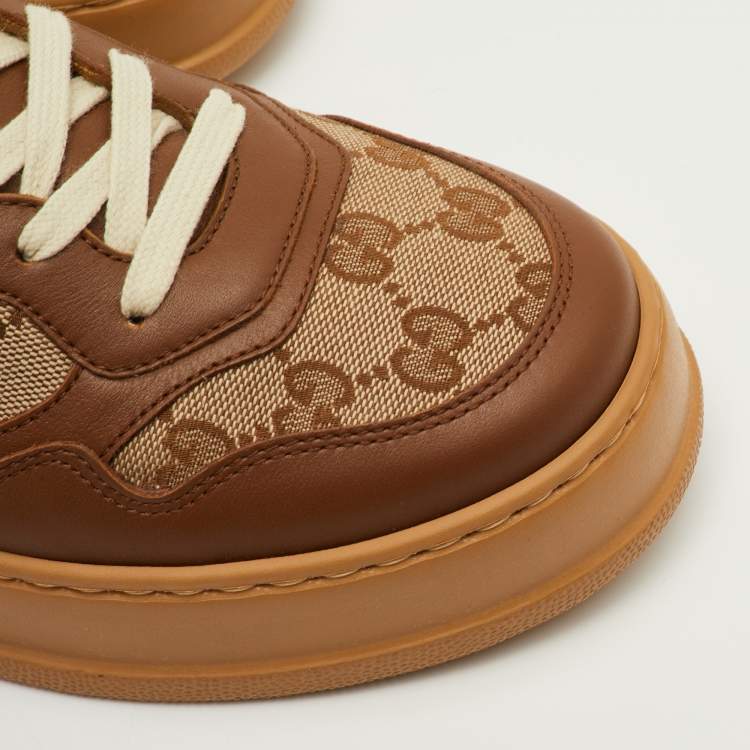 Pre Owned Gucci Screener Size 41.5 Beige/Brown GG Canvas and Leather Low Top Sneakers