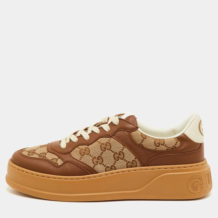 Pre Owned Gucci Screener Size 41.5 Beige/Brown GG Canvas and Leather Low Top Sneakers