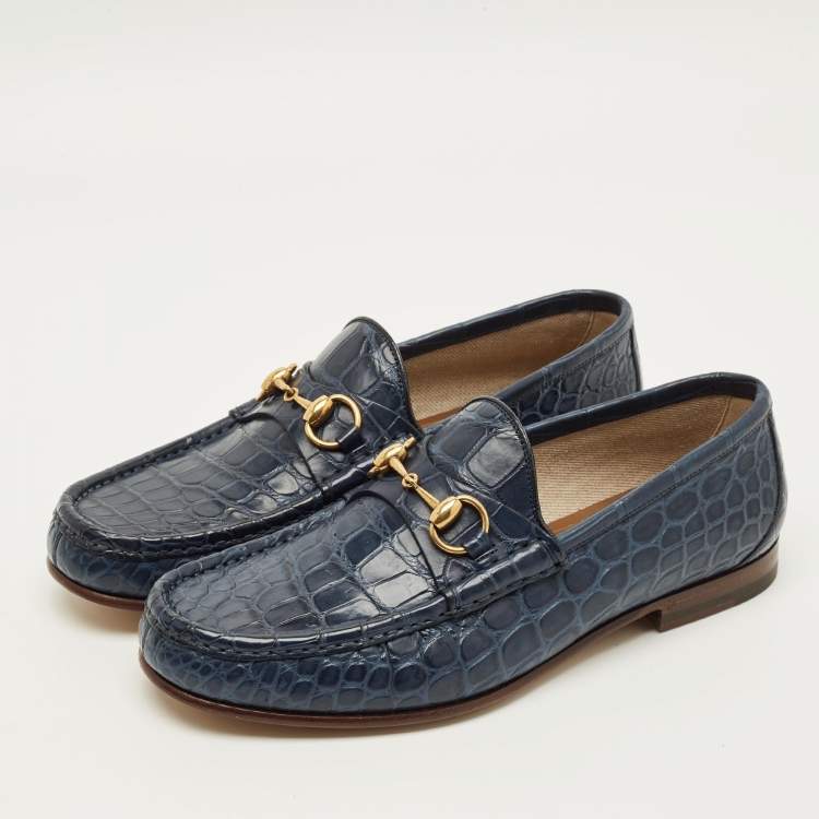 Pre Owned Gucci 1953 Horsebit Size 41.5 Blue Crocodile Loafers