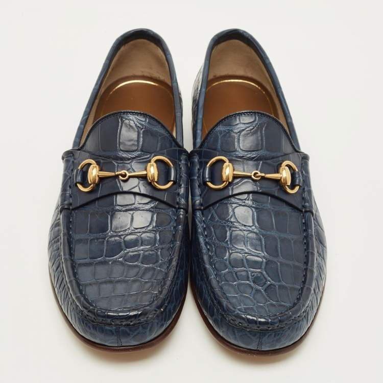 Pre Owned Gucci 1953 Horsebit Size 41.5 Blue Crocodile Loafers
