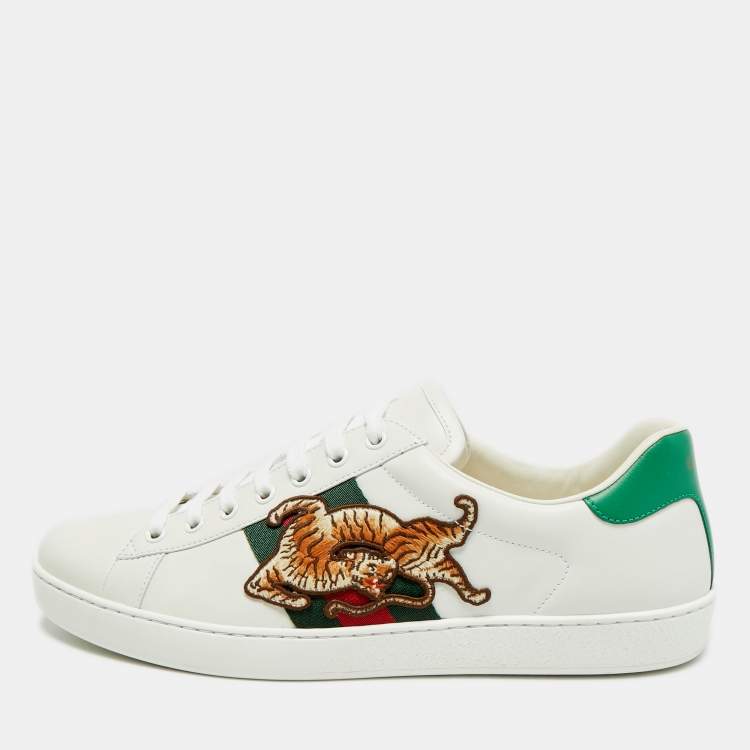 Pre Owned Gucci Ace Tiger Embroidered Size 43 White Leather Low Top Sneakers