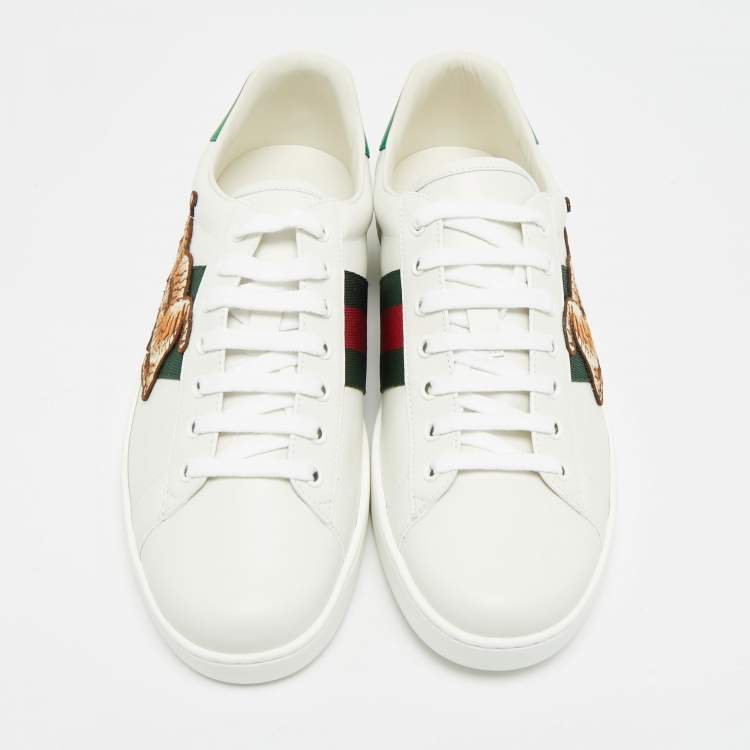 Pre Owned Gucci Ace Tiger Embroidered Size 43 White Leather Low Top Sneakers
