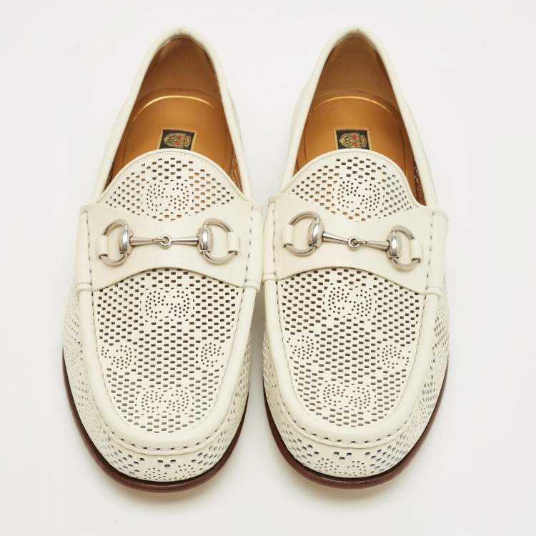 Pre Owned Gucci 1953 Horsebit Size 44.5 Off White GG Perforated Leather Loafers