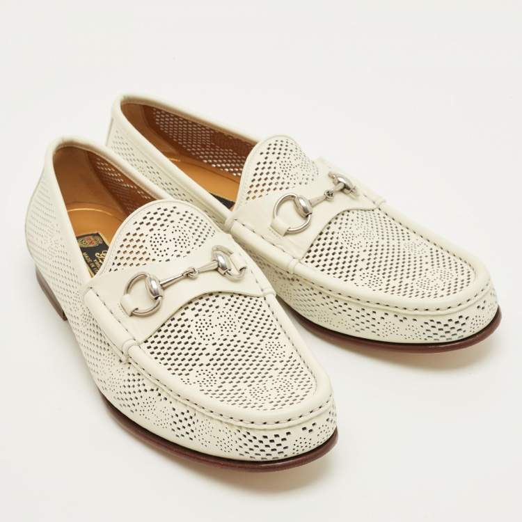 Pre Owned Gucci 1953 Horsebit Size 44.5 Off White GG Perforated Leather Loafers