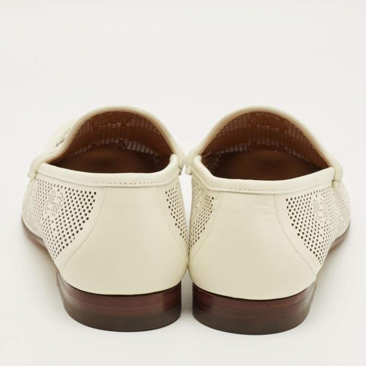 Pre Owned Gucci 1953 Horsebit Size 44.5 Off White GG Perforated Leather Loafers