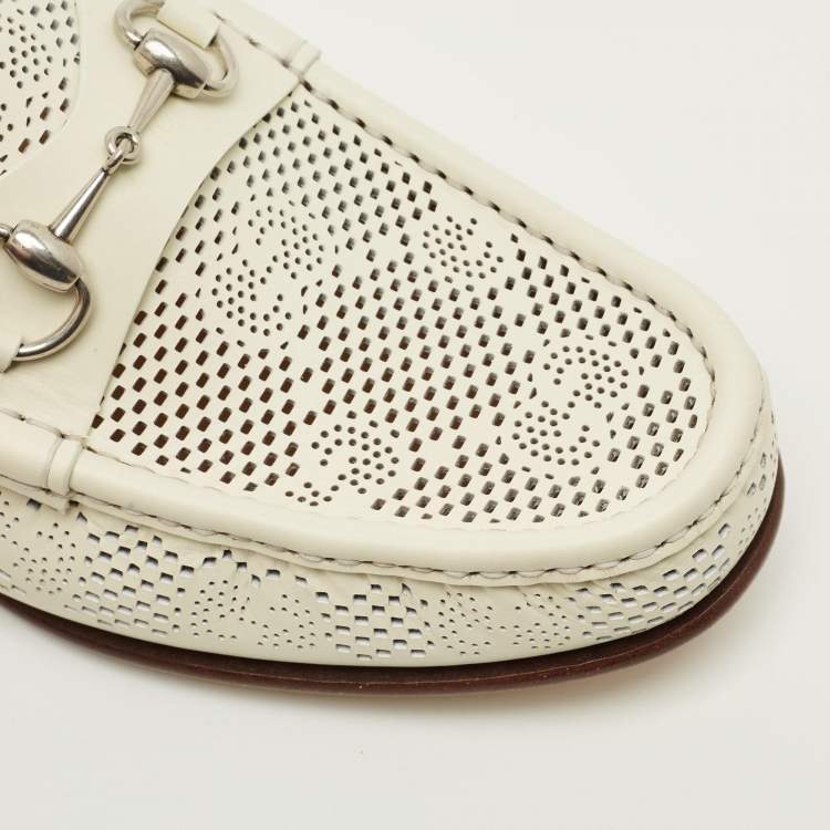 Pre Owned Gucci 1953 Horsebit Size 44.5 Off White GG Perforated Leather Loafers