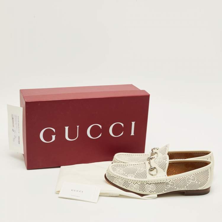 Pre Owned Gucci 1953 Horsebit Size 44.5 Off White GG Perforated Leather Loafers