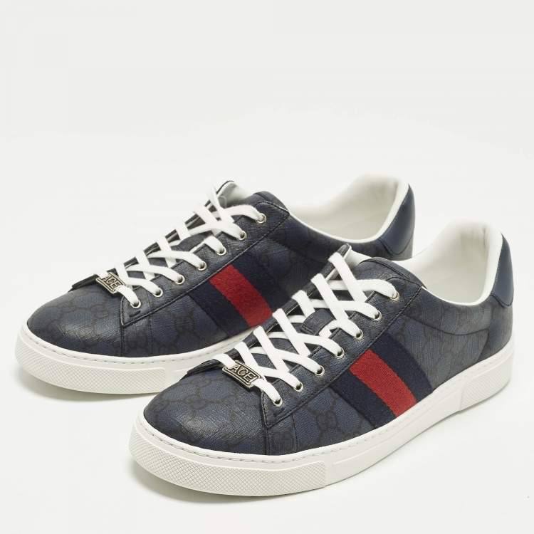 Pre Owned Gucci Ace Size 44 Blue/Black GG Supreme Canvas Low Top Sneakers