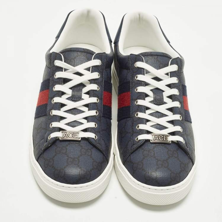 Pre Owned Gucci Ace Size 44 Blue/Black GG Supreme Canvas Low Top Sneakers