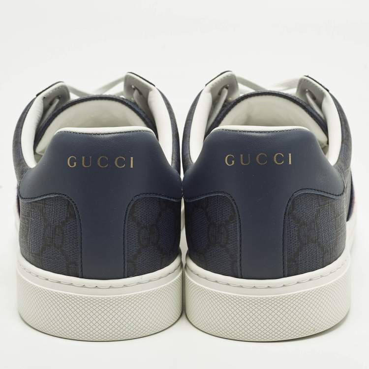 Pre Owned Gucci Ace Size 44 Blue/Black GG Supreme Canvas Low Top Sneakers