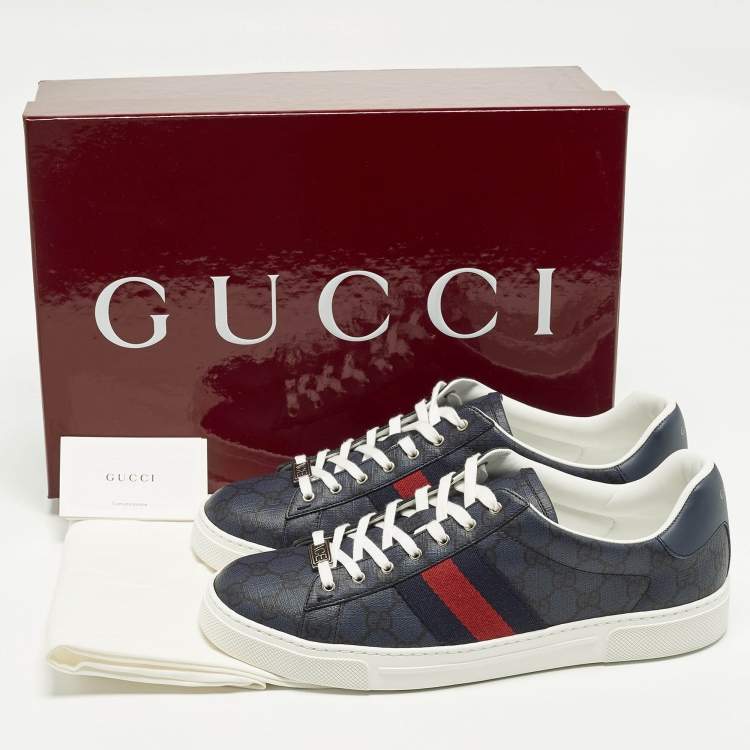 Pre Owned Gucci Ace Size 44 Blue/Black GG Supreme Canvas Low Top Sneakers