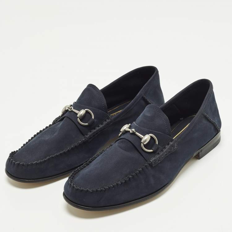Pre Owned Gucci 1953 Horsebit Size 42.5 Navy Blue Suede Foldable Loafers