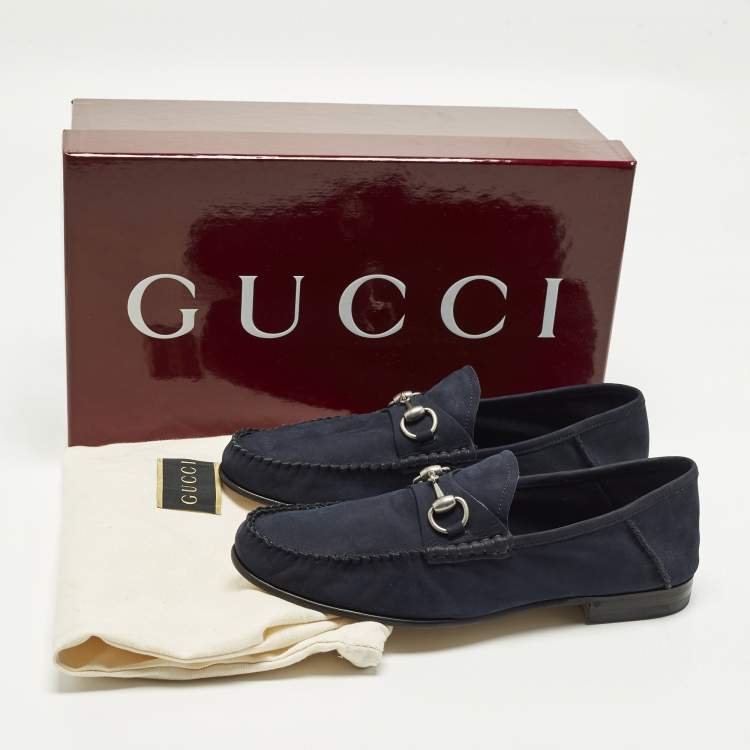Pre Owned Gucci 1953 Horsebit Size 42.5 Navy Blue Suede Foldable Loafers