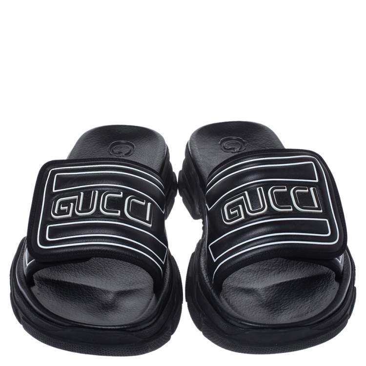 Pre Owned Gucci Black Leather Logo Slide Sandals Size 41