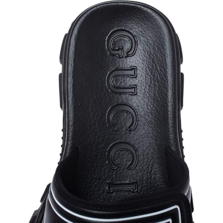 Pre Owned Gucci Black Leather Logo Slide Sandals Size 41
