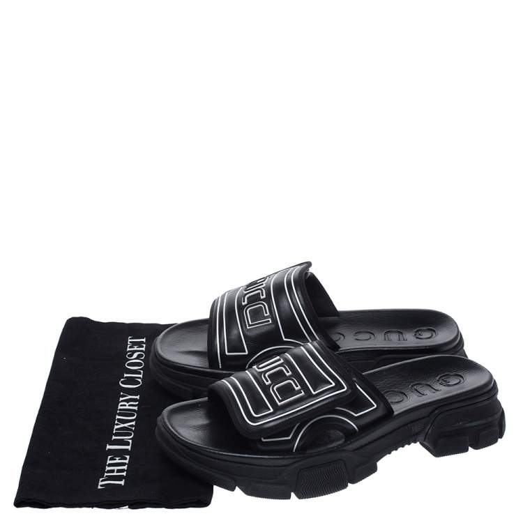 Pre Owned Gucci Black Leather Logo Slide Sandals Size 41