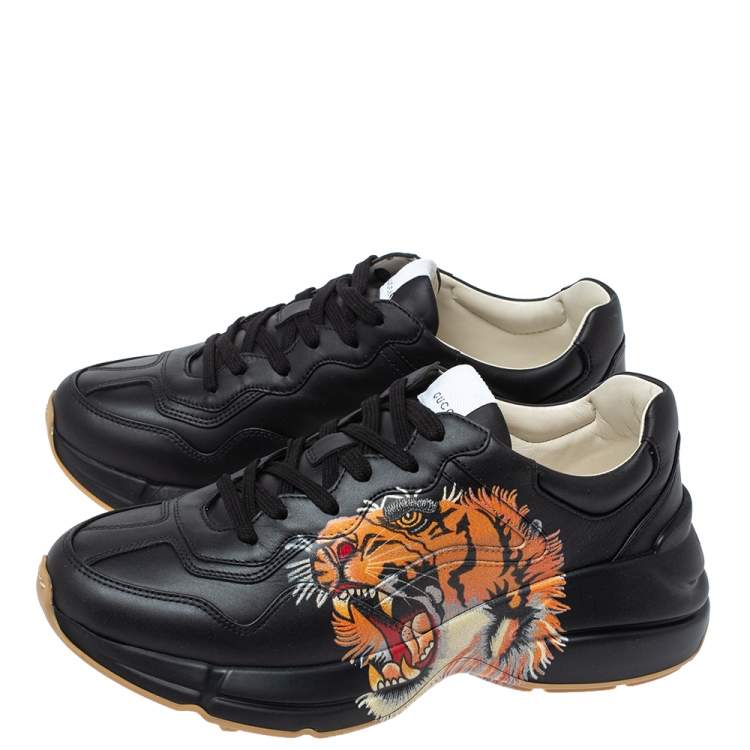 Pre Owned Gucci Black Leather Tiger Rhyton Low Top Sneakers Size 40