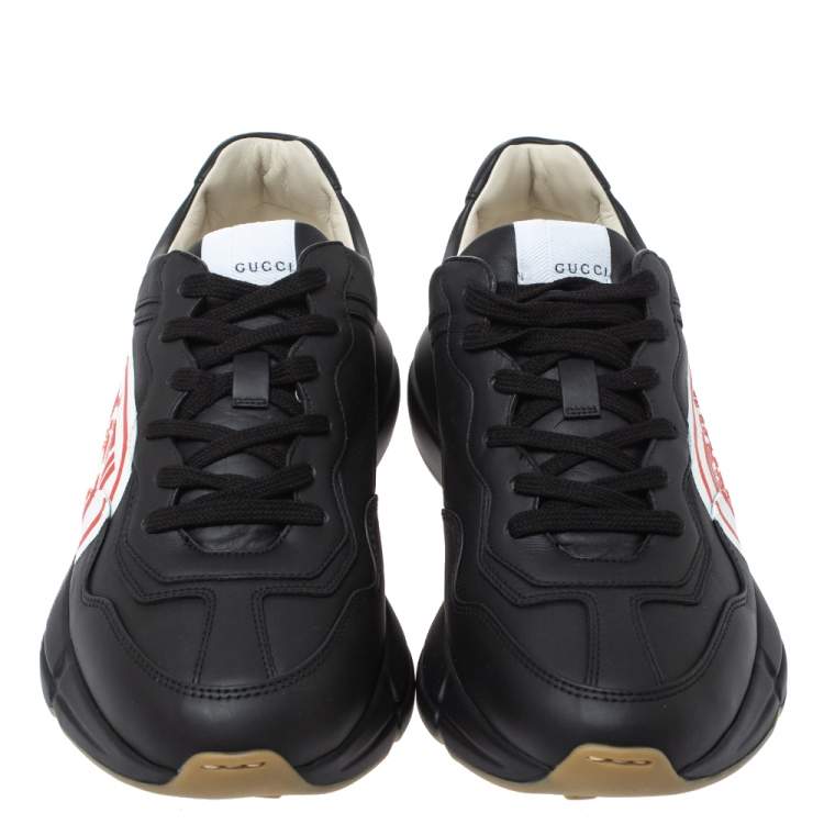Pre Owned Gucci Black Leather Rhyton Logo Low Top Sneakers Size 44.5