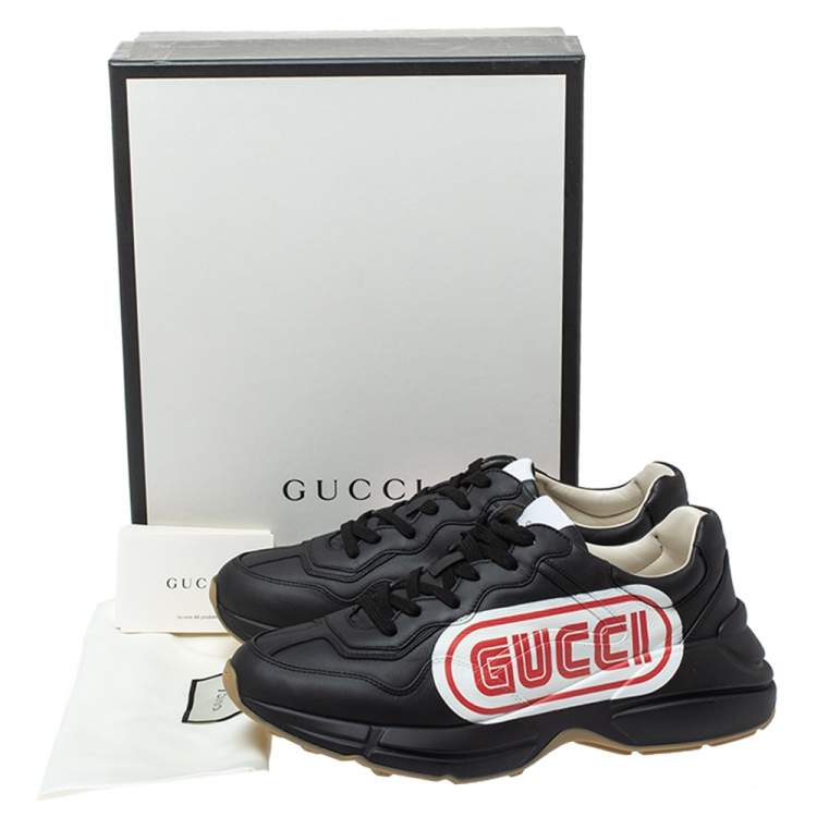 Pre Owned Gucci Black Leather Rhyton Logo Low Top Sneakers Size 44.5