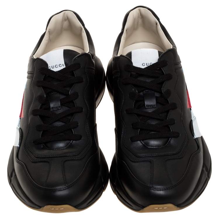 Pre Owned Gucci Black Leather Rhyton Logo Low Top Sneakers Size 44