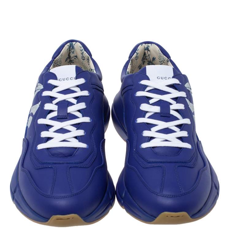 Pre Owned Gucci Blue Leather Rhyton NY Yankees Low Top Sneakers Size 44.5