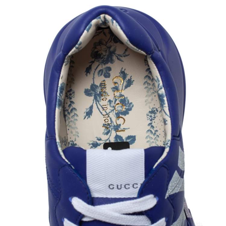 Pre Owned Gucci Blue Leather Rhyton NY Yankees Low Top Sneakers Size 44.5