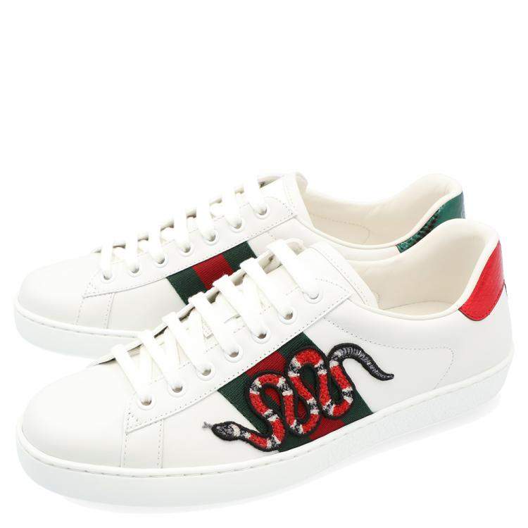 Pre Owned Gucci White Leather Ace Snake Sneakers Size 40.5