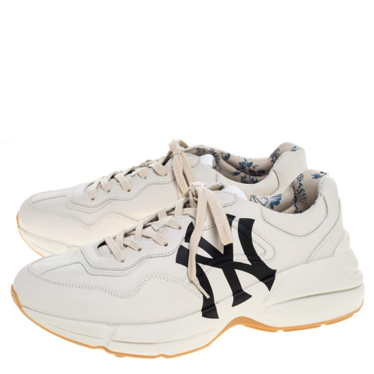 Pre Owned Gucci Cream Leather Rhyton NY Yankees Low Top Sneakers Size 43.5