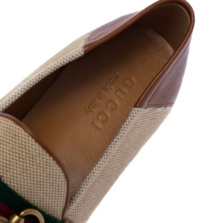 Pre Owned Gucci Brown Canvas and Leather Web Horsebit Loafers Size 42.5