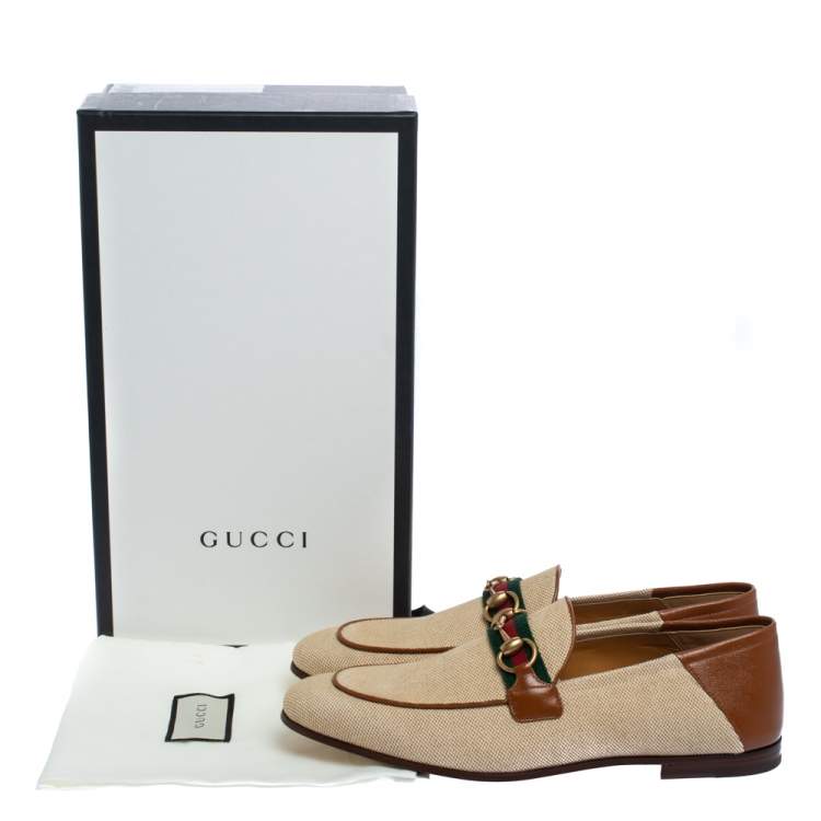 Pre Owned Gucci Brown Canvas and Leather Web Horsebit Loafers Size 42.5