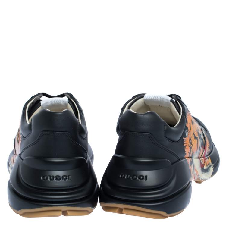 Pre Owned Gucci Black Leather Tiger Rhyton Low Top Sneakers Size 42.5