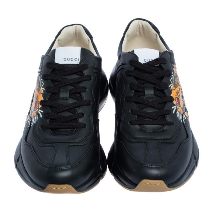 Pre Owned Gucci Black Leather Tiger Rhyton Low Top Sneakers Size 42.5