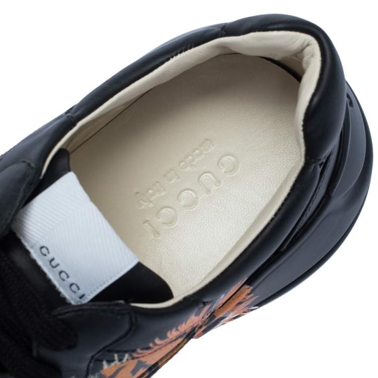 Pre Owned Gucci Black Leather Tiger Rhyton Low Top Sneakers Size 42.5