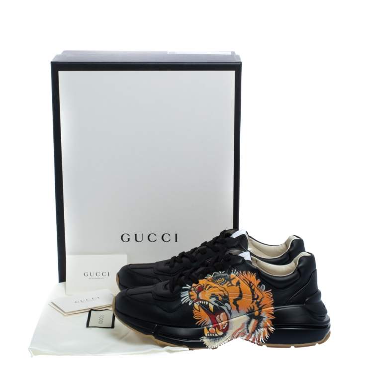 Pre Owned Gucci Black Leather Tiger Rhyton Low Top Sneakers Size 42.5