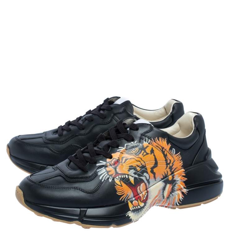 Pre Owned Gucci Black Leather Tiger Rhyton Low Top Sneakers Size 42.5